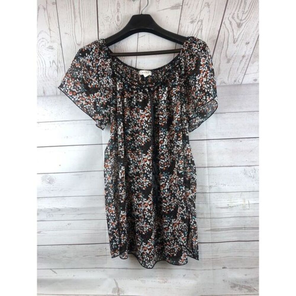 Casual Land Top Women 3x brown floral cap sleeve ruffles/ribbon accents sheer‎